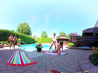 Sexy Shana and wild Heidi in a steamy bikini fling with a raunchy four-way orgy by the pool