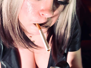 Leather & Gloved Blonde Mistress Tina Snua Smokes A Quick Cork 100 Cigarette