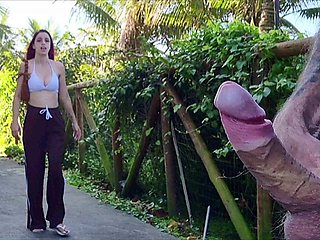 Risky handjob for hot redhead on the walk in the park in public!