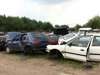 German Couple Fuck in Car Trunk at Junkyard - Big Tits Blowjob Outdoor Threesome