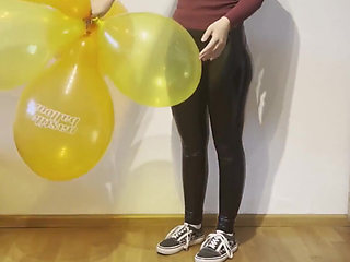 Looner Girl Pops Out 4 Balloons in Cute Outfit and Kitty Latex Mask