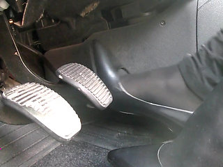 Pedal Pumping in Black Pantyhose and Grey Patent High Heels