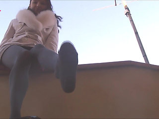 Dangling in Grey Pantyhose and Ballet Flats with Chains
