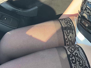 Latex Mini Dress in Car Sexy Stockings and "whore" Necklace