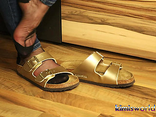 Golden Mules & Black Nylons - Sensual Shoe Removal