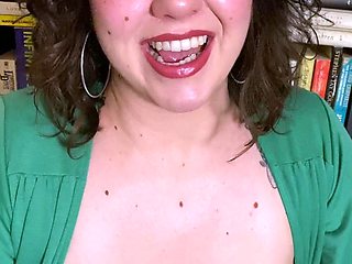 Busty curly brunette with big boobs fucks on couch