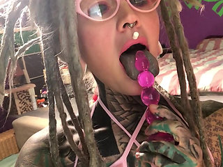 Hot Solo Tattooed Babe with Glasses Plays with Creamy Pussy & Dildo