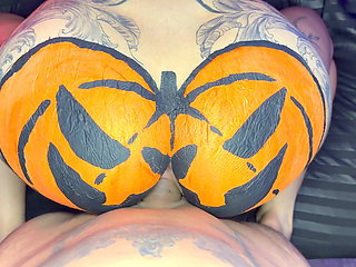 Halloween pumpkin cosplay on Valentina Badillo big ass