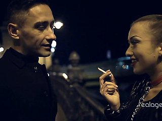 Slut blows long cock at night and gets her face covered with cum