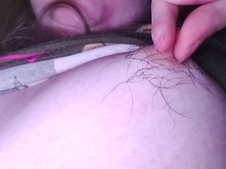 Stretching, pulling, pressing my hairy nipples