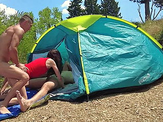 A husband and two strangers fuck a slutty slut hard in a tent and cum in her mo