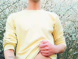 Spring Jerking Backyard - Fat Dick, 2 Cumshots and Own Cum Licking