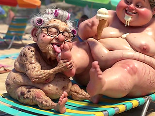 Elderly Granny Passionately Sucking BBW Feet on the Beach
