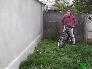 Pissing in the backyard on a cold day, and leaving on her bike