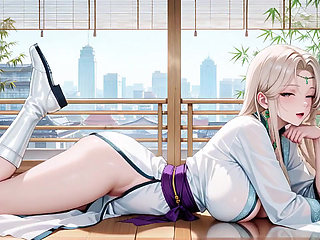 White Kimono Maid! Kneeling in the Japanese Corridor, Huge Slit Revealing Wet Thighs Under the Sun.