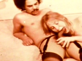 Stockinged Blonde Worships Mustached Stud in Red-tinted Vintage Trio