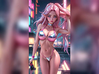 Pink Hair Elf Silver Bikini Neon City Dance - Sexy AI Babes