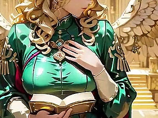 Blonde Angel Queen! Sacred Kneeling in a Grand Cathedral, the Green Robe Barely Hiding Her Soft Curves