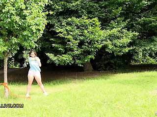 Stepfather and step son pick up busty teen working out in the park - 18-year-old natural big bouncing boobs