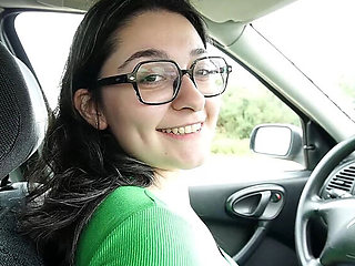 Car Blowjob in Public - Spanish Amateur with Glasses Swallows Cum