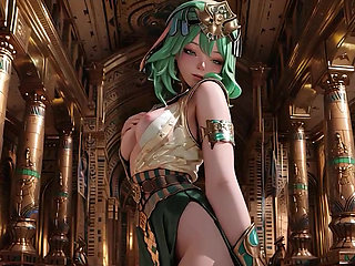 Green-Haired Egyptian Queen! Kneeling in the Golden Hall, guarded by Sphinxes.