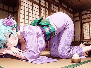 Green-haired Kimono Girl's Private Morning! Purple Yukata Slightly Damp, Kneeling on the Bed in a Japanese Room