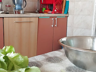 Hot mom prepares food naked in the kitchen. Amateur wife hairy pussy, big tits, big ass.