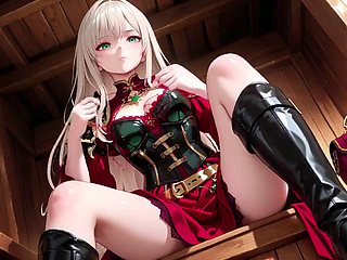 Blonde Hentai Knight Lounges Teasingly in Red and Green Armor as Her Silver-Haired Partner Kneels to
