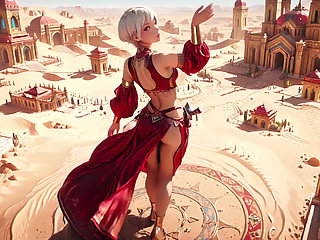 Desert Fantasy! Silver-haired Saintess's Private Dance in the Red-Gold Palace, light ribbons wrapping around her.