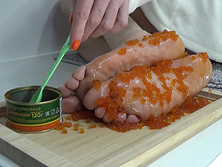 Wrinkled Legs of a MILF with Red Caviar