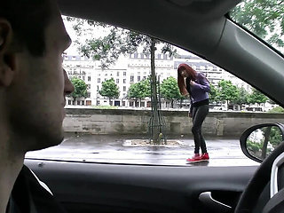 French MILF with Colored Hair Blows and Fucks Lucky Guy in Car Outdoor