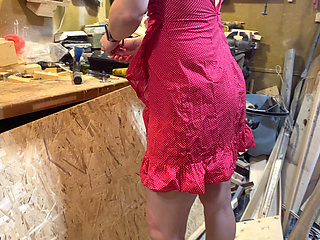 Garage Fucking with Redhead Worker Girl with Hairy Pussy, man with broken hand