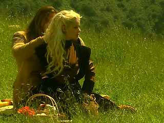 Western Meadow Sex - Curly Blonde in Stockings Fucked Doggy in the Grass