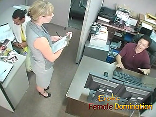 Femdom milf jizzed on feet after slave jerking his black cock