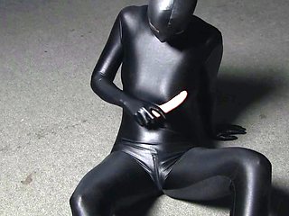 Female masturbation with dildo in black spandex zentai full