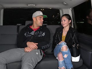 Asian Lin gets raunchy in ripped jeans, reality sex in a parked car