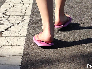 Giantess Autumn Walking in Her Flip Flops