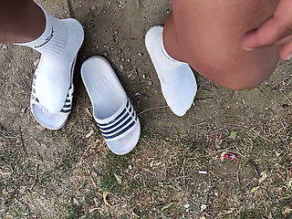 Making Socks Dirty in Slides - Used Socks and Slides and Uncut Soft Cock