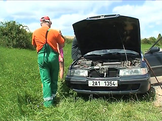 Young hitchhicker with her stepgranny grateful for an old pig who came in their rescue