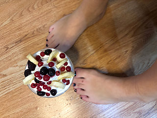 Playing with whipped cream and fruit with my naked feet