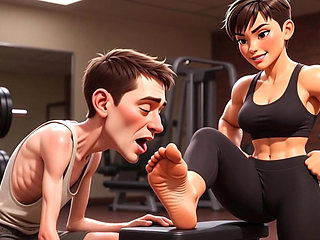 Strong Muscular Woman Makes Skinny Slave Lick Her Feet