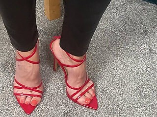 Mrs Mature Feet Wearing Extremely Tight Leather Trousers and Heels