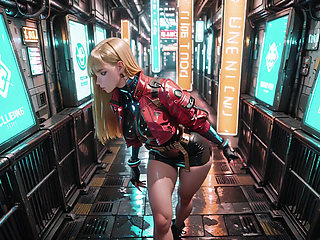 Cyber Queen's Wet Fantasy! Red leather jacket glistening under neon rain, kneeling pose that breaks the armor