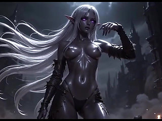 Black Gothic Dark Elf - Pale Hair Beauty Squeezing & Posing Explicitly