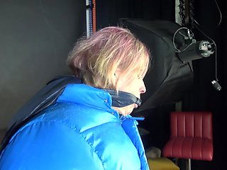Sexy Pia Being Tied And Gagged With Ropes And A Cloth Gag On A Hairdressers Chair Wearing A Sexy Blue Shiny Nylon Rainpants And A Lightblue Downjacket (Video)