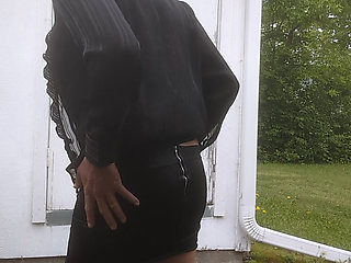 Mature crossdresser outdoors masturbation cum kicking