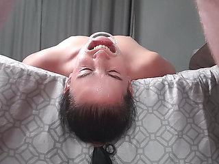 Girl Drink Piss Upside Down with Lip Retractor