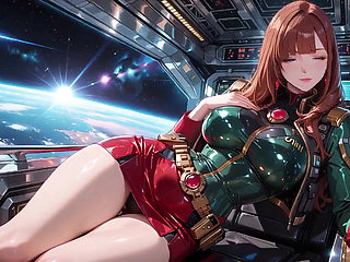 Redhead Commander in Green Sci-fi Uniform! Lazy, Teasing Vibes While Playing with Candlelight on the Spaceship Bridge.