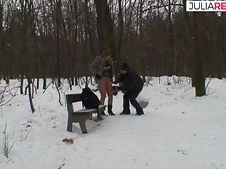 Blonde bitch enjoys riding a fat cock in the snow