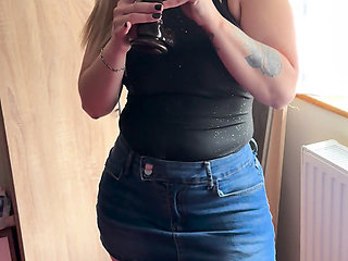 Masturbating with a Huge Black Cock in a Denim Miniskirt